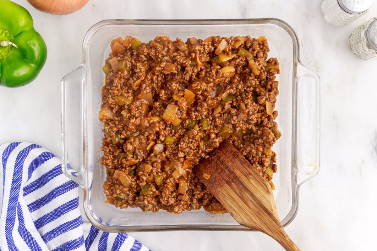 sloppy joe meat in a casserole dish