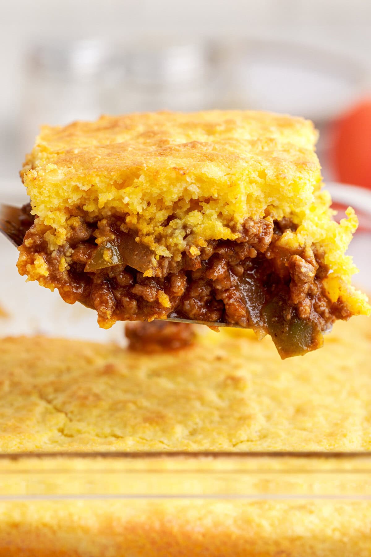 lifting spatula of Sloppy Joe Cornbread Casserole