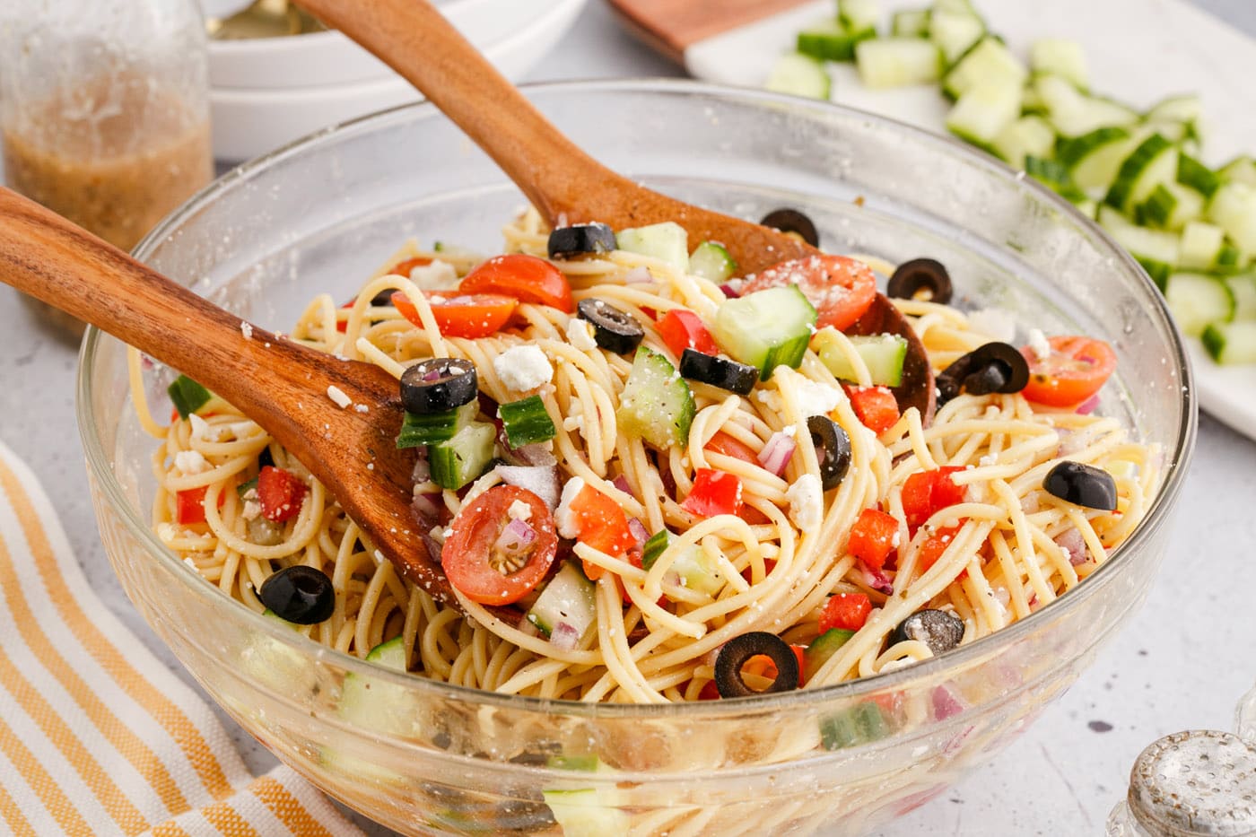 This cold spaghetti salad is floating with different textures and refreshing flavors, perfect for th
