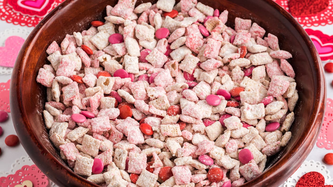 These Valentine muddy buddies have a mixture of white chocolate as well as pink chocolate for a fun 