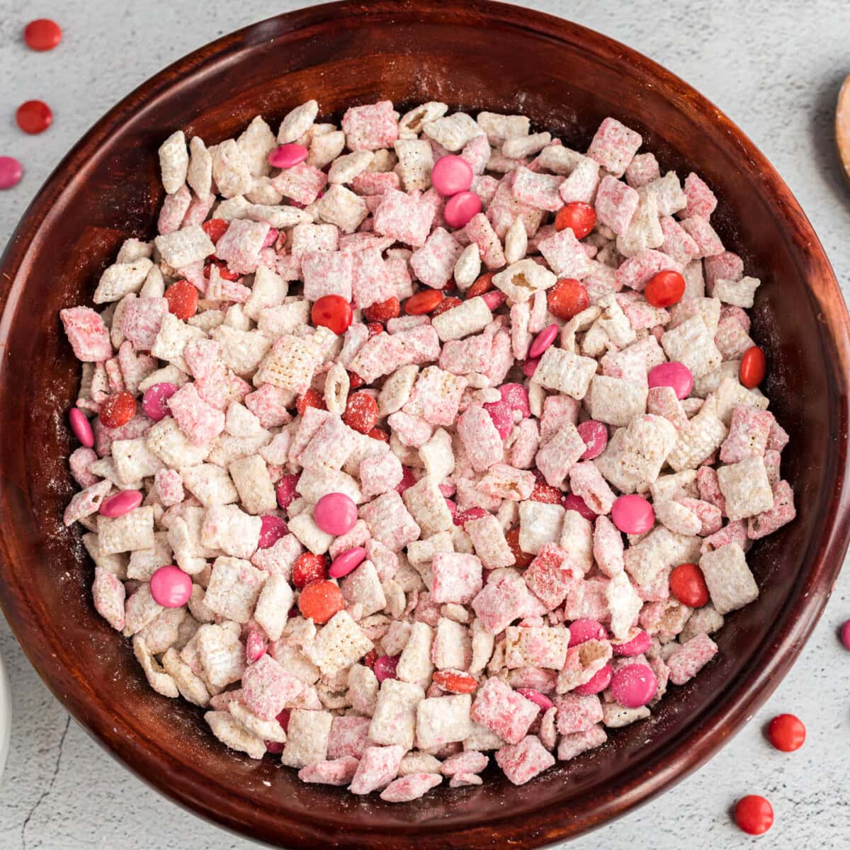 Valentine Muddy Buddies in a bowl