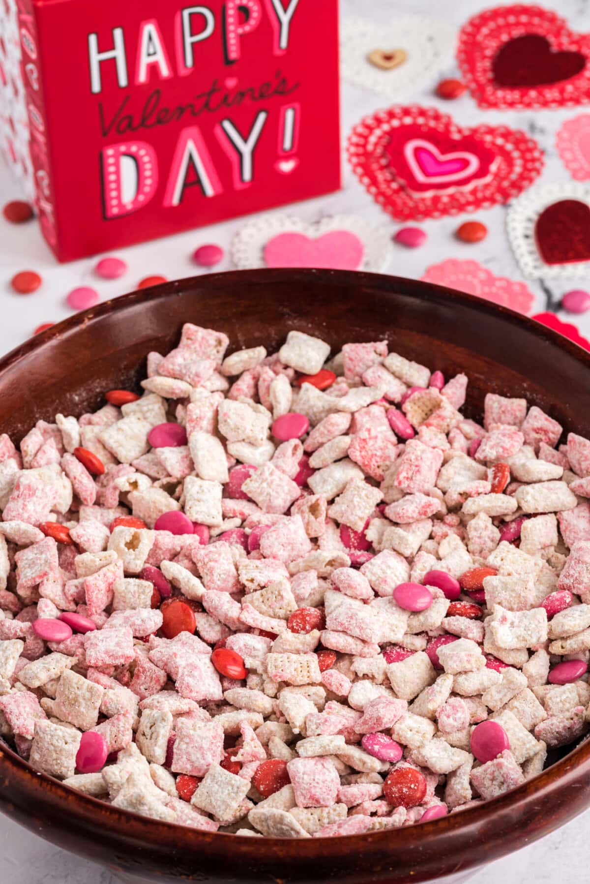 Valentine Muddy Buddies in a bowl