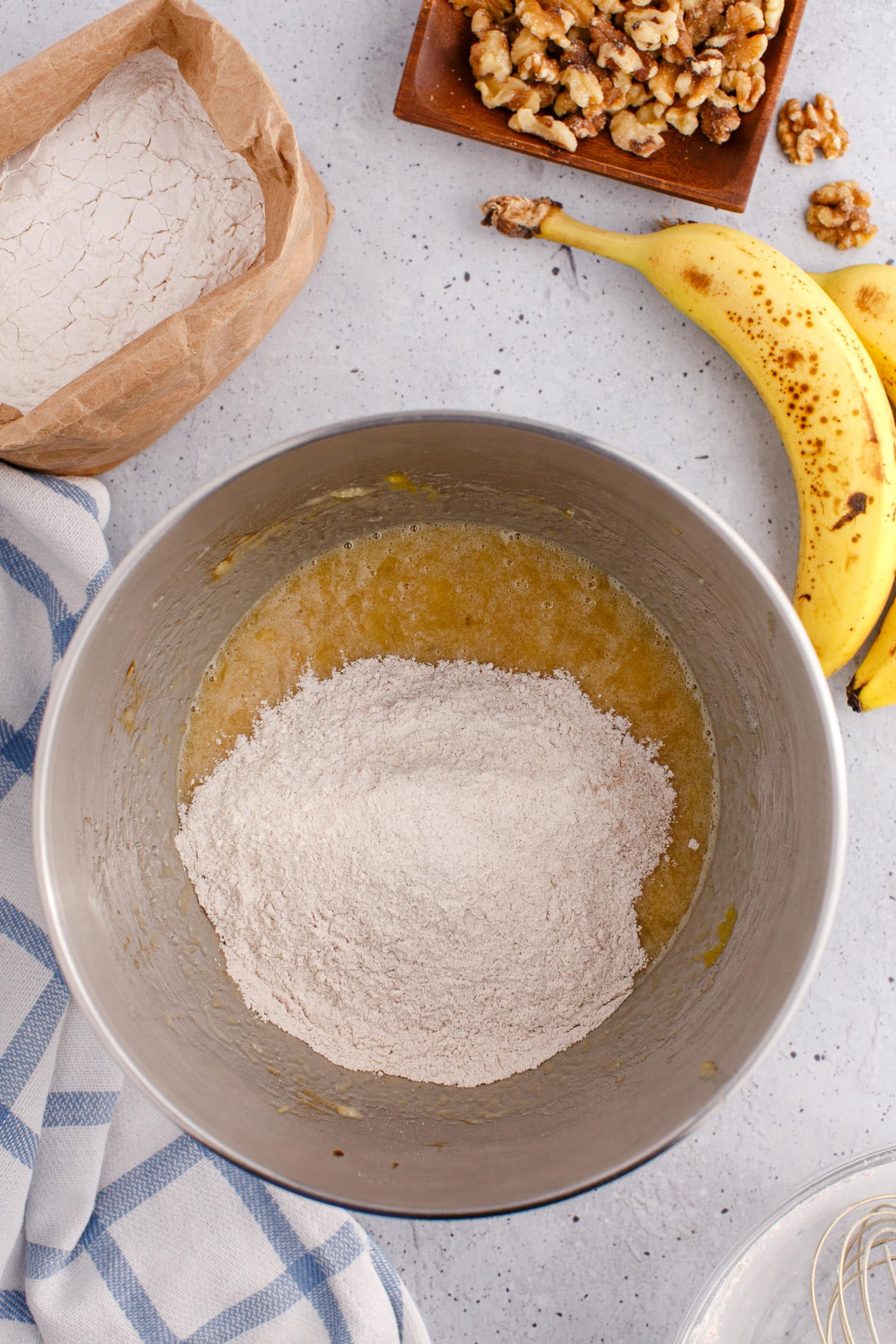flour mixture in bowl of banana bread ingredients