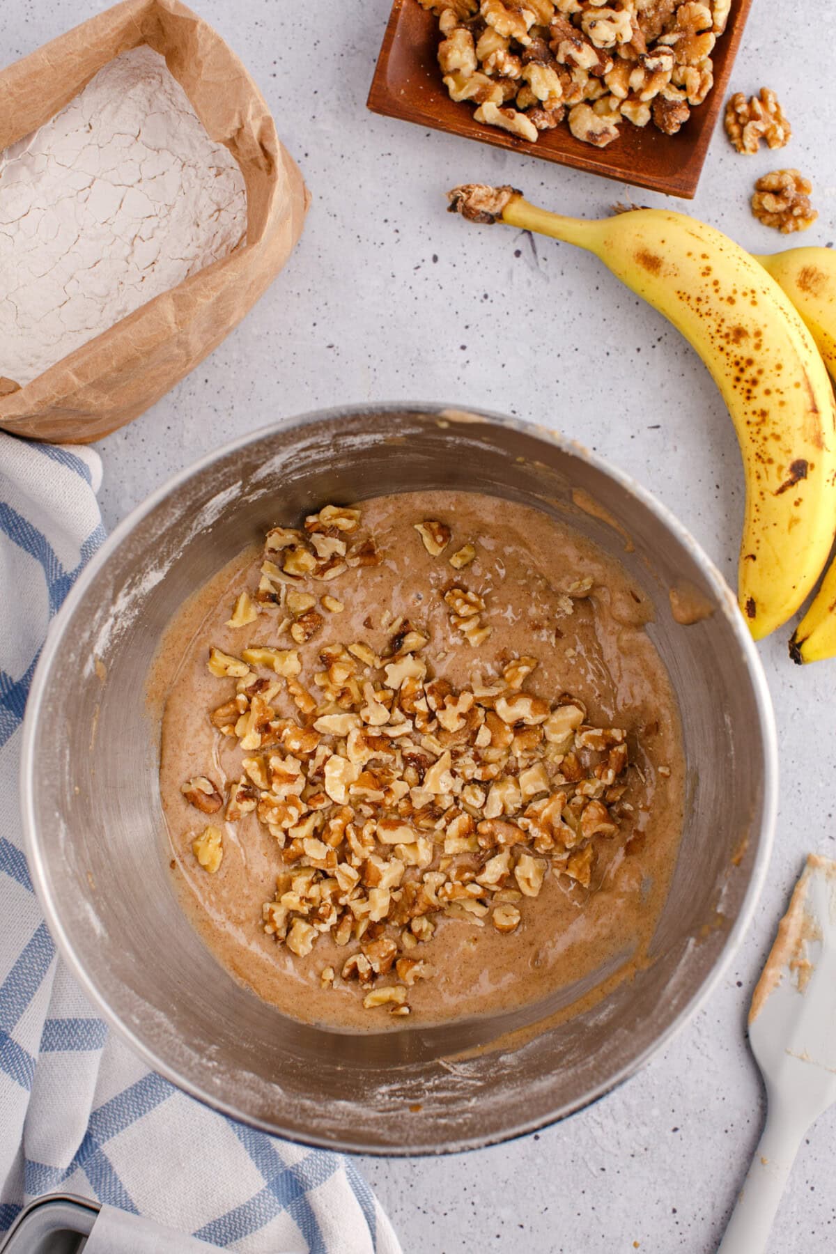 walnuts in banana bread mixture