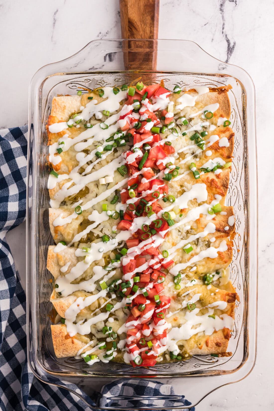 overhead view of a pan of Beef Enchiladas