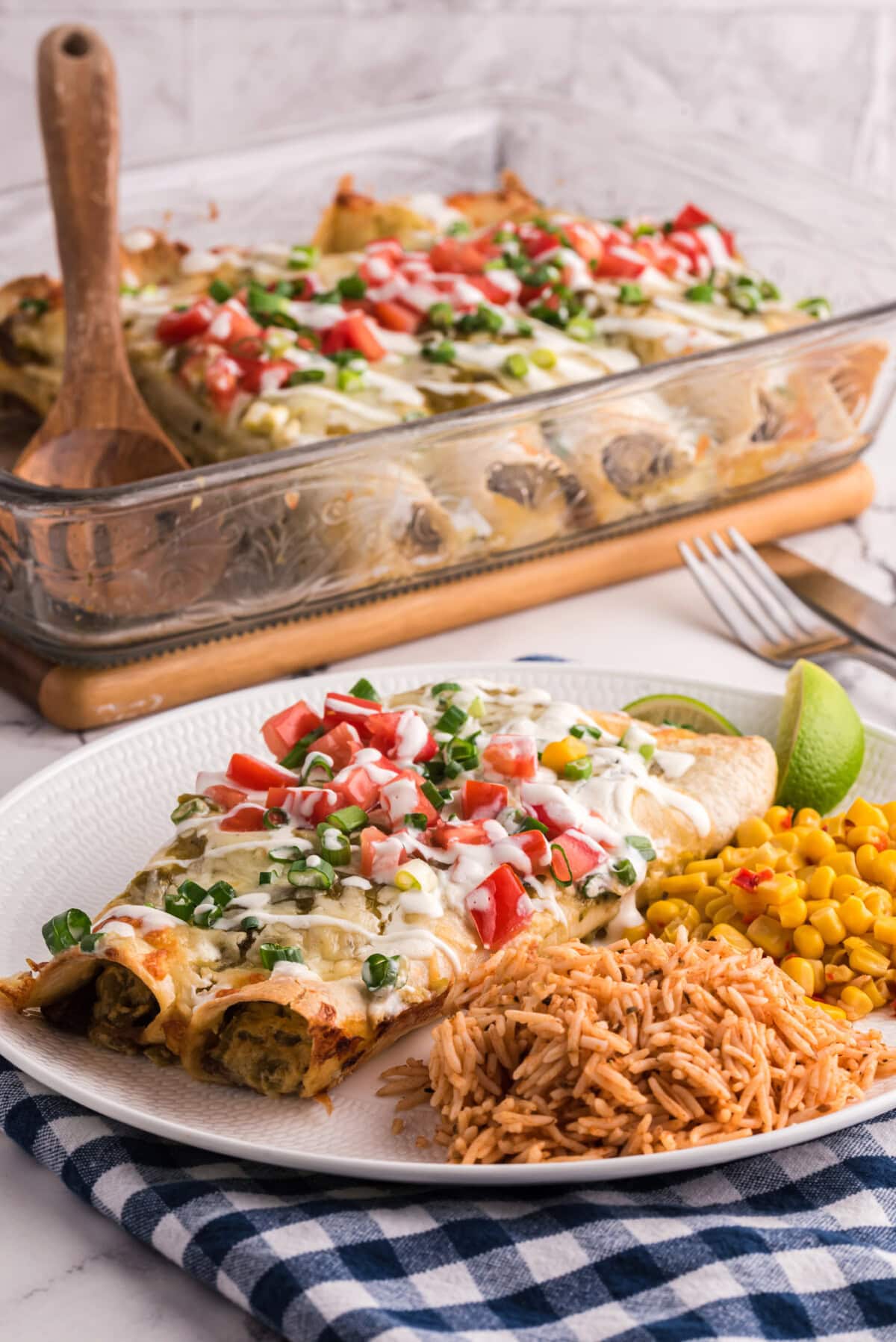 Beef Enchiladas with rice on plate with pan in background