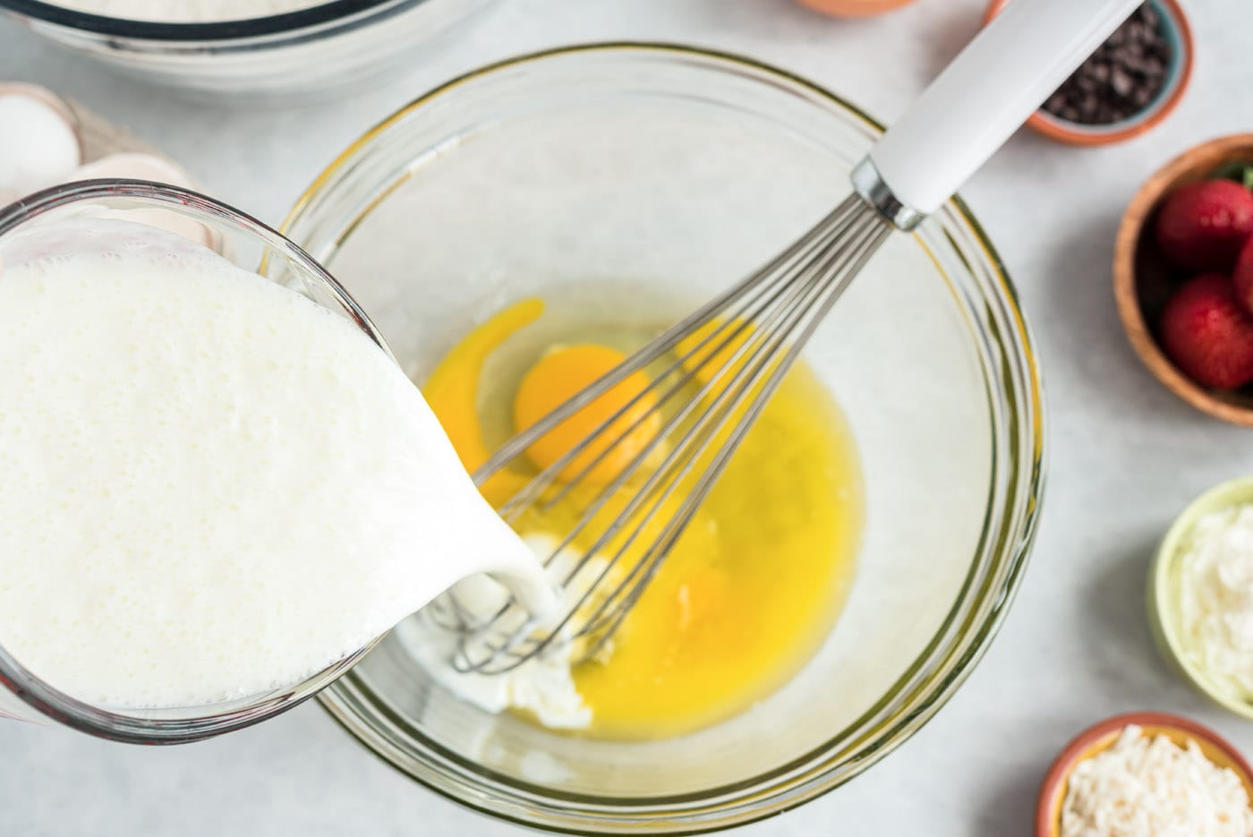 whisking buttermilk in with eggs and butter