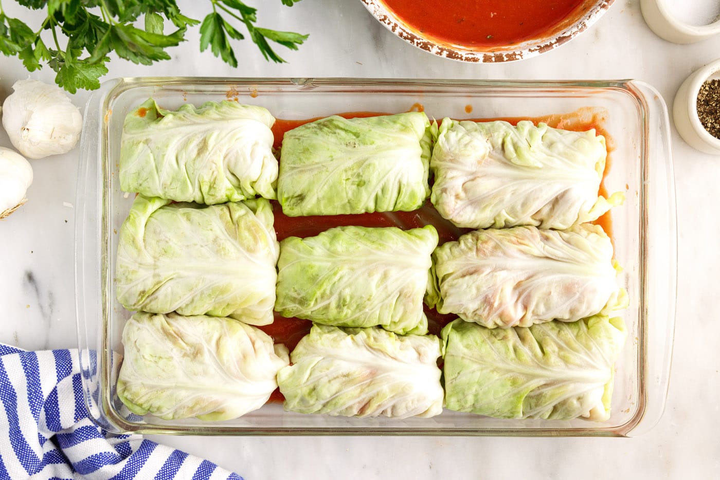 cabbage rolls in a baking dish