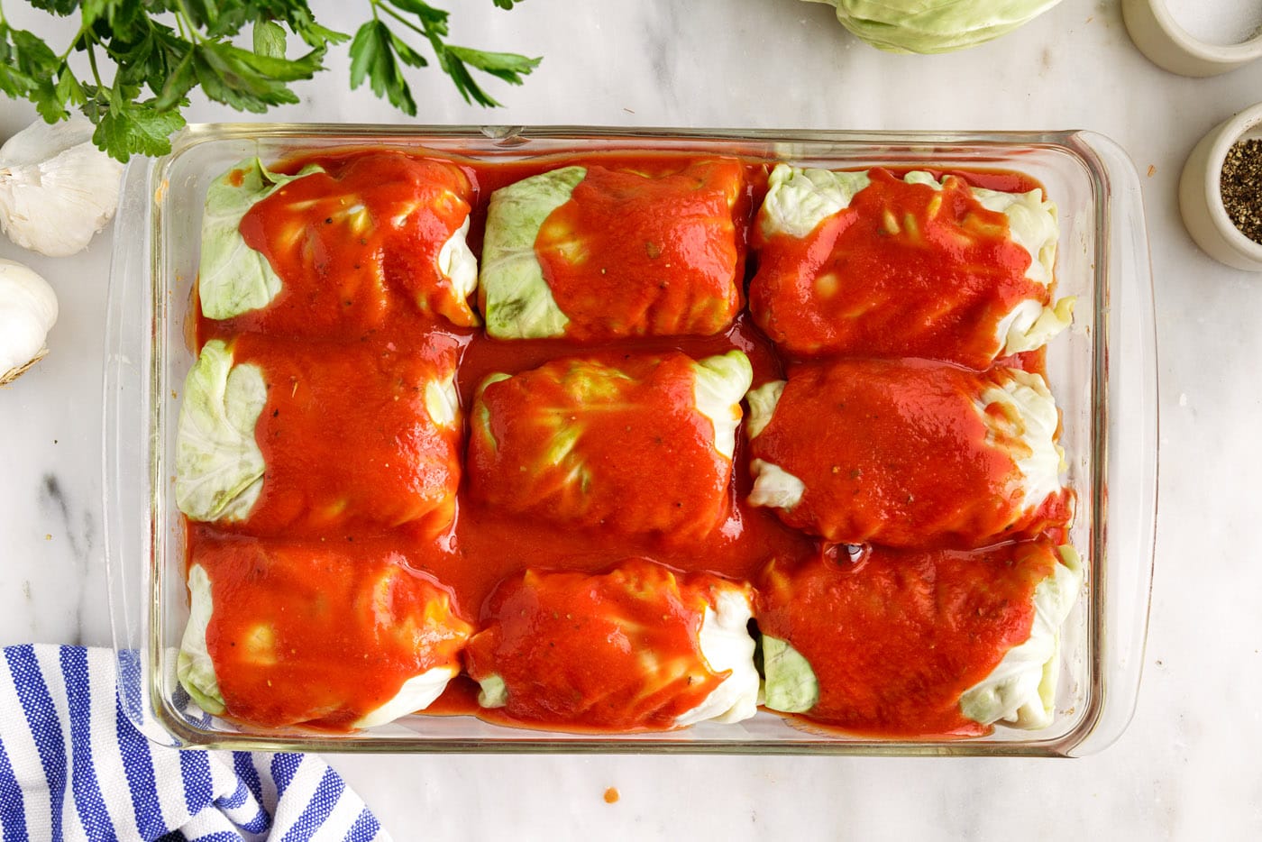 tomato sauce on top of cabbage rolls