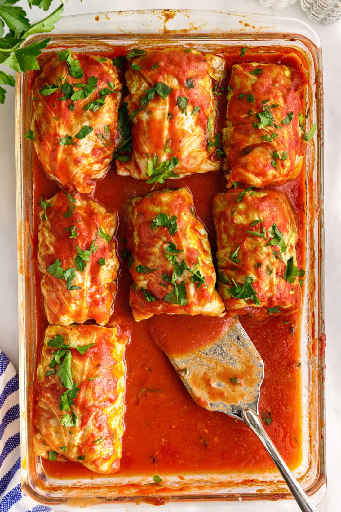 overhead photo of Cabbage Rolls and spatula