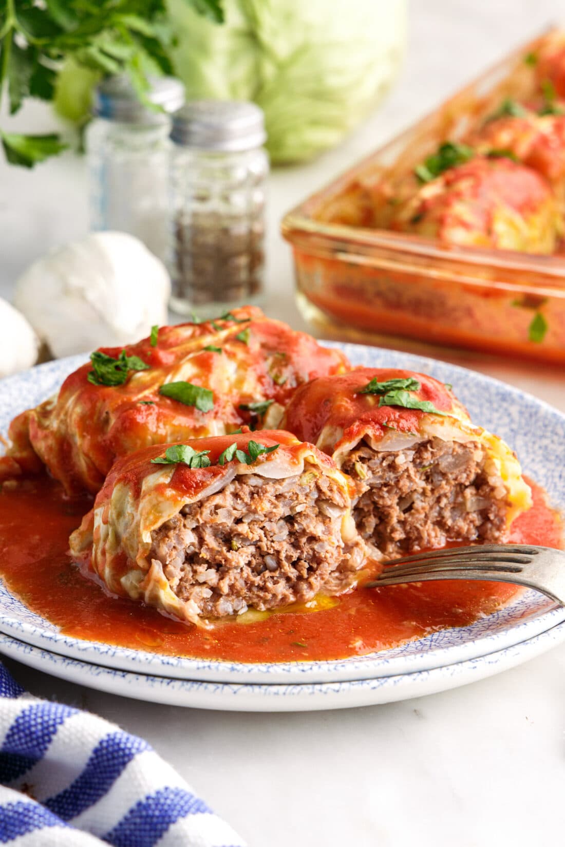 plate of sliced Cabbage Rolls