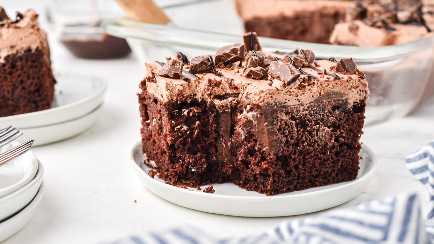 This triple chocolate poke cake is a chocolate lover's dream come true. The pudding makes the cake u