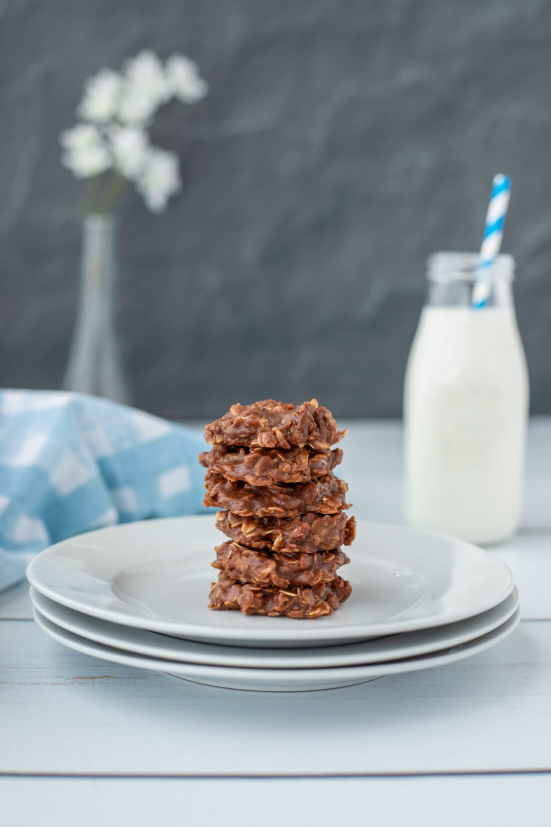 stack of Chocolate No Bake Cookies on plate