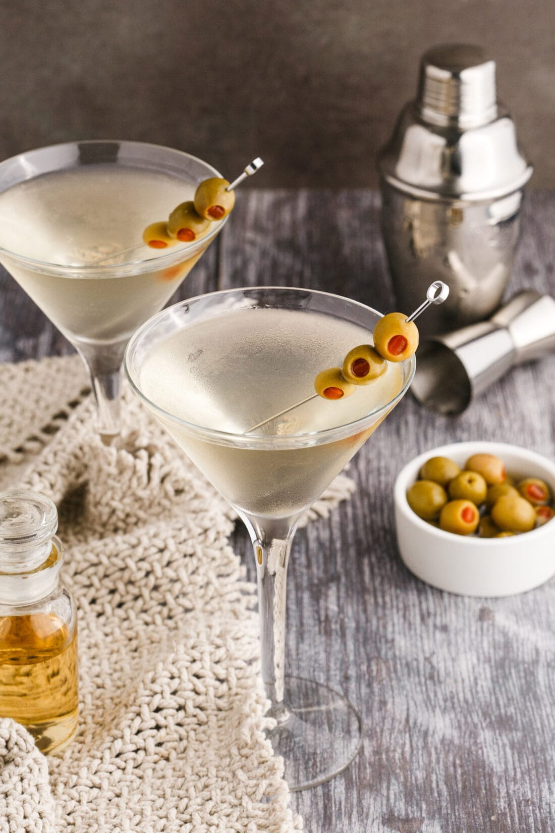 Dirty Martini with olives and a shaker