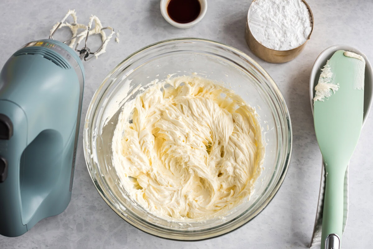cream cheese and butter in a mixing bowl