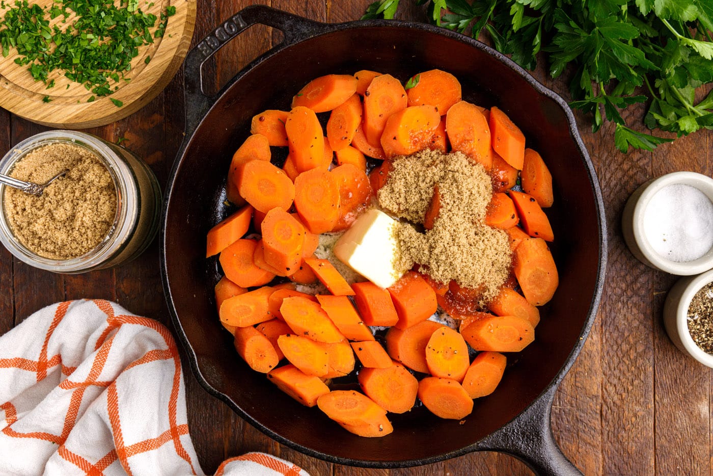 brown sugar and butter in a skillet with carrots