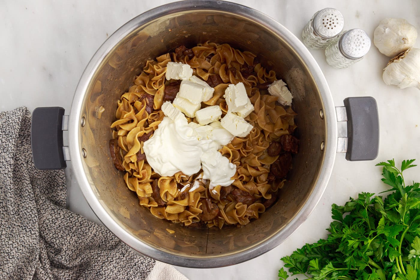 sour cream and cream cheese mixed in to instant pot beef stroganoff