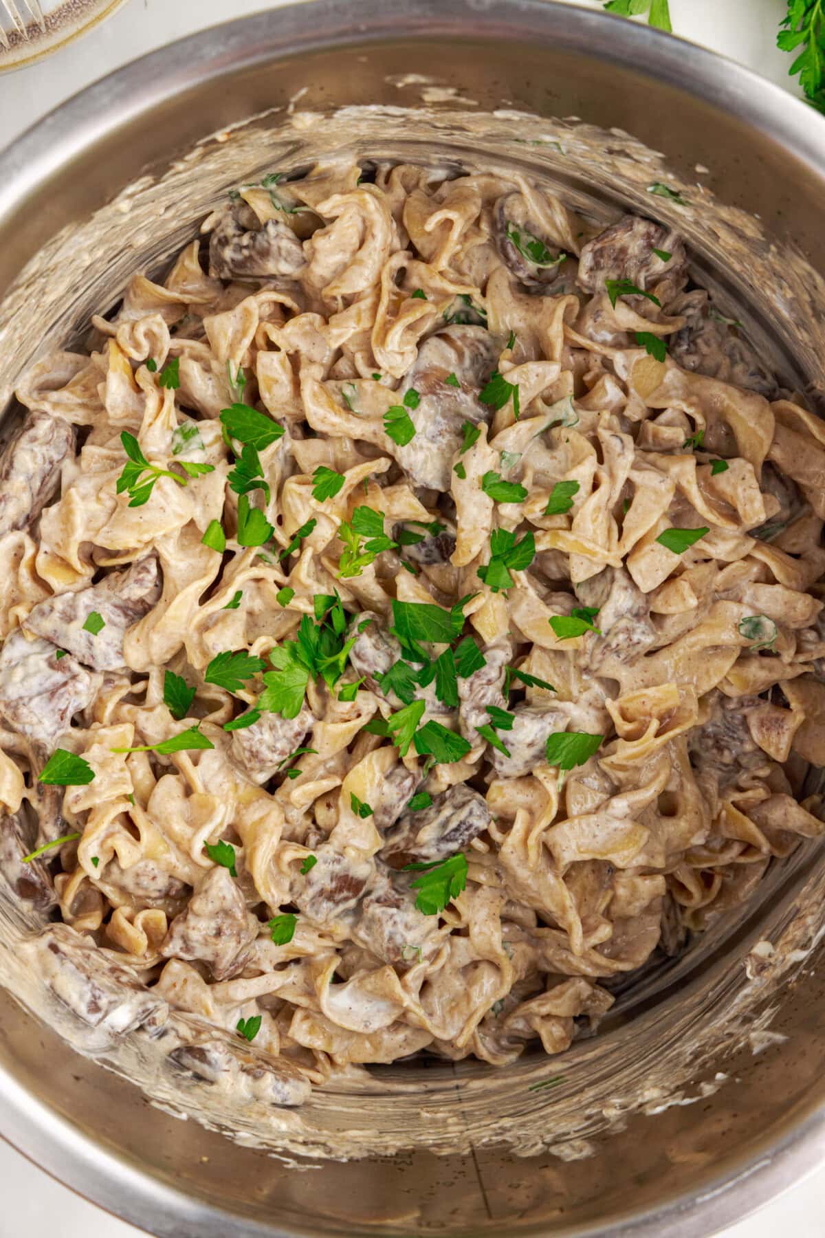 close up overhead photo of Instant Pot Beef Stroganoff