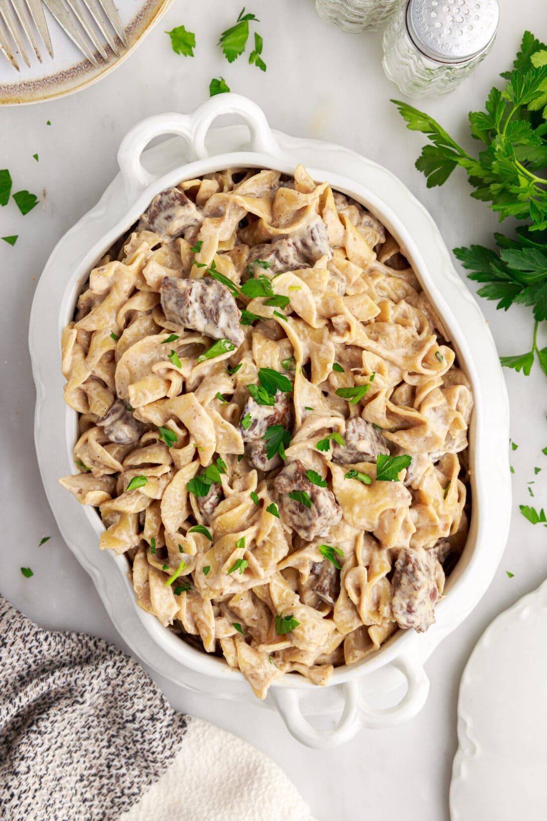 overhead of Instant Pot Beef Stroganoff in a casserole serving dish