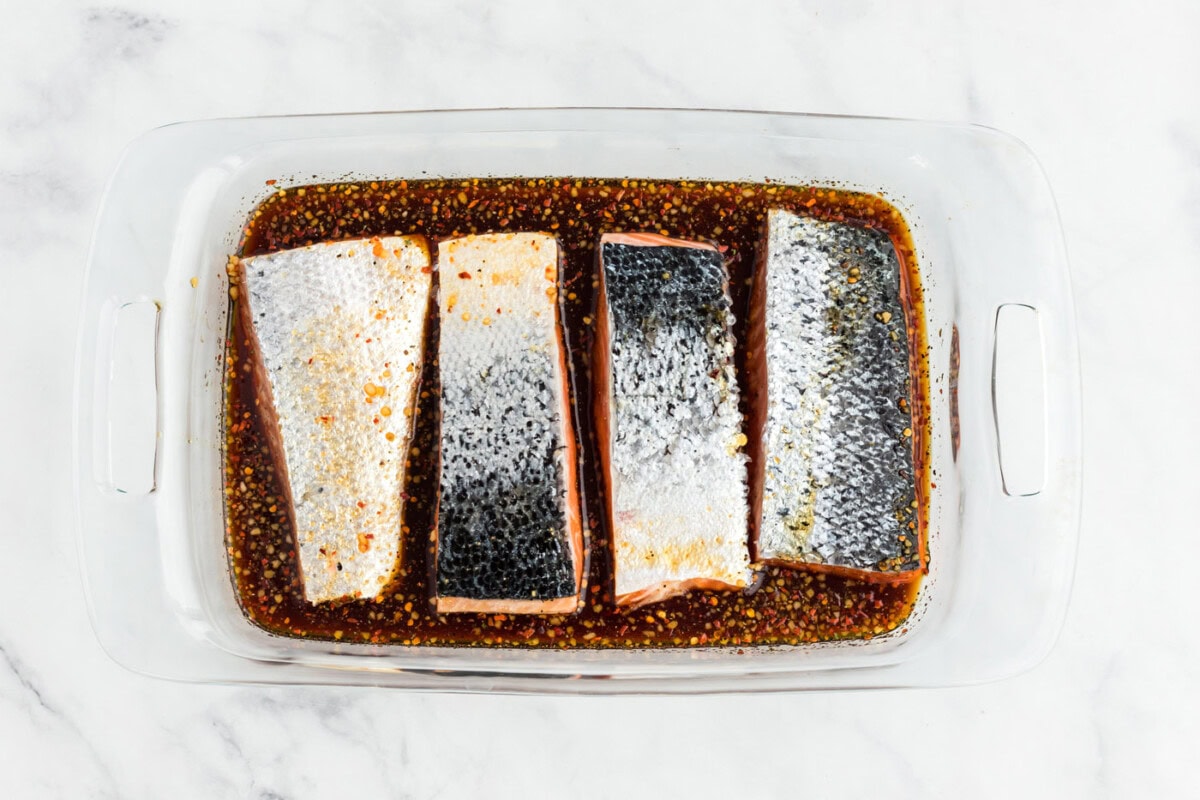 marinating salmon filets in maple syrup and soy sauce mixture