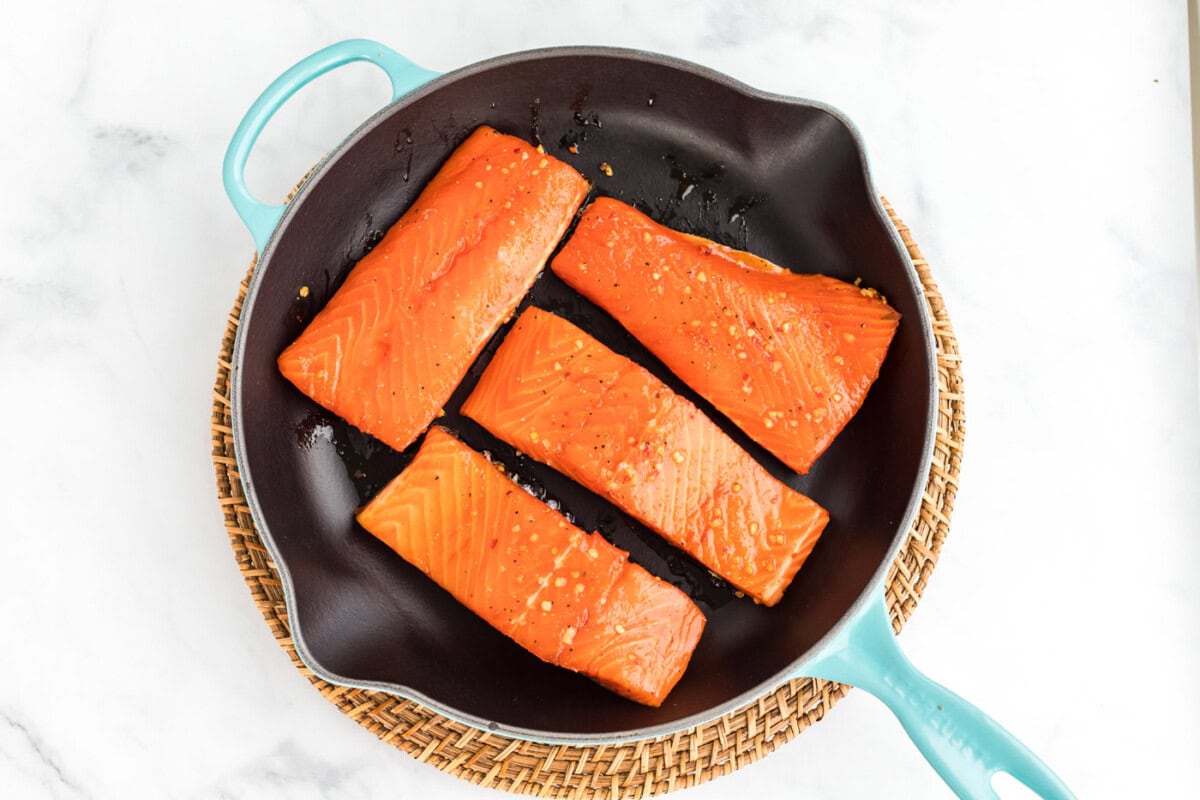 salmon filets in a skillet