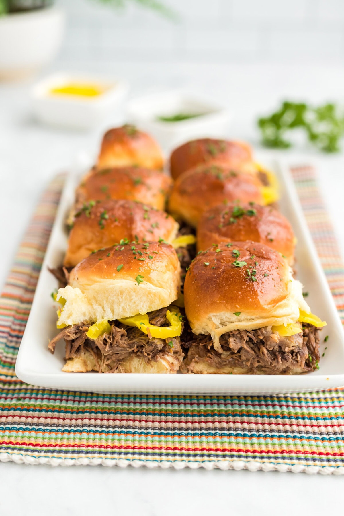 Mississippi Pot Roast Sliders on a platter