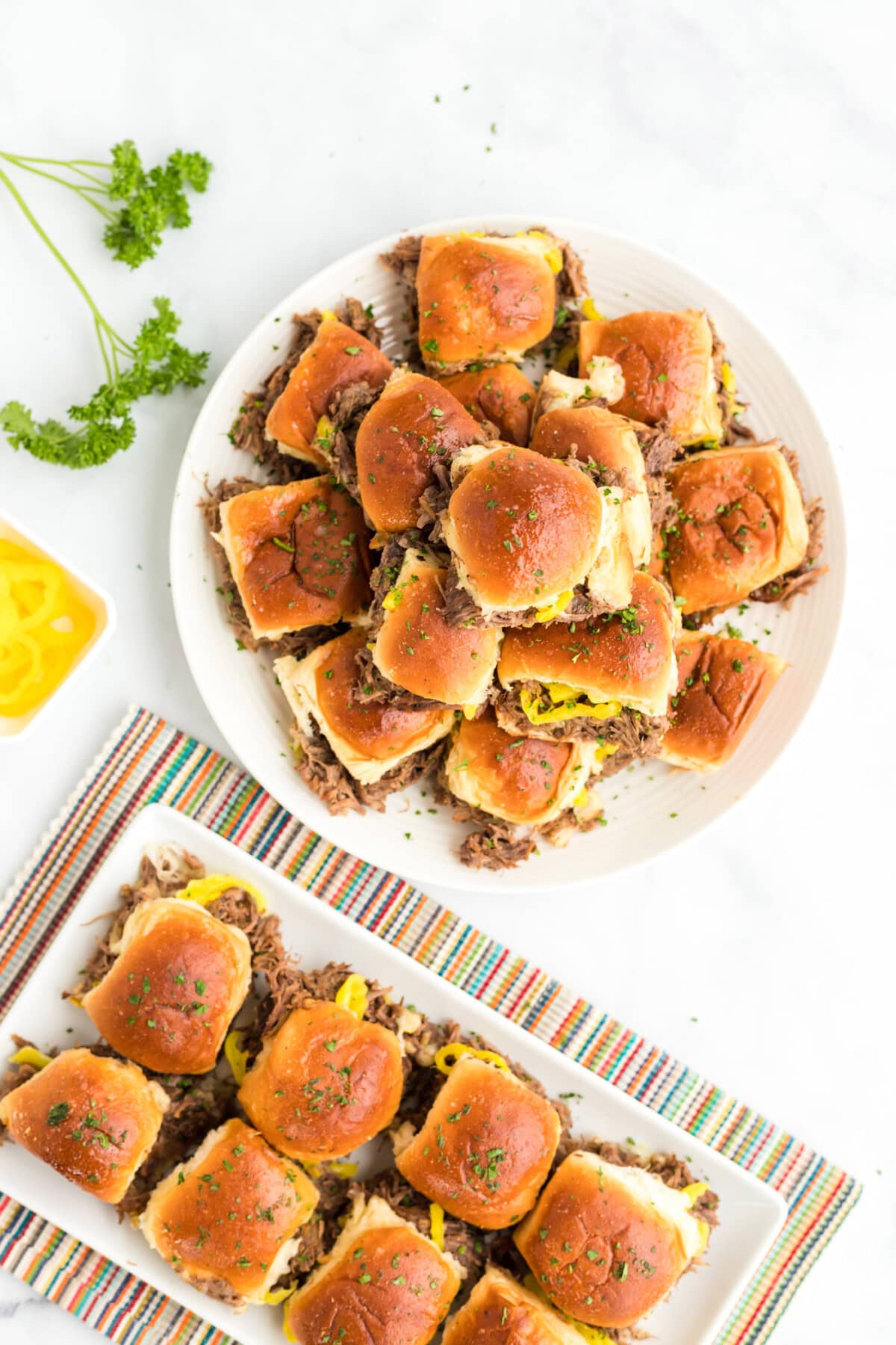 large plate of Mississippi Pot Roast Sliders
