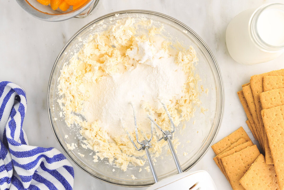 pudding mix with cream cheese in a bowl