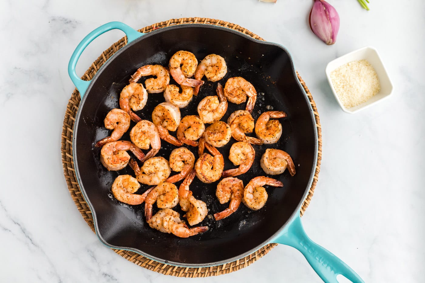 sauteed shrimp in a skillet
