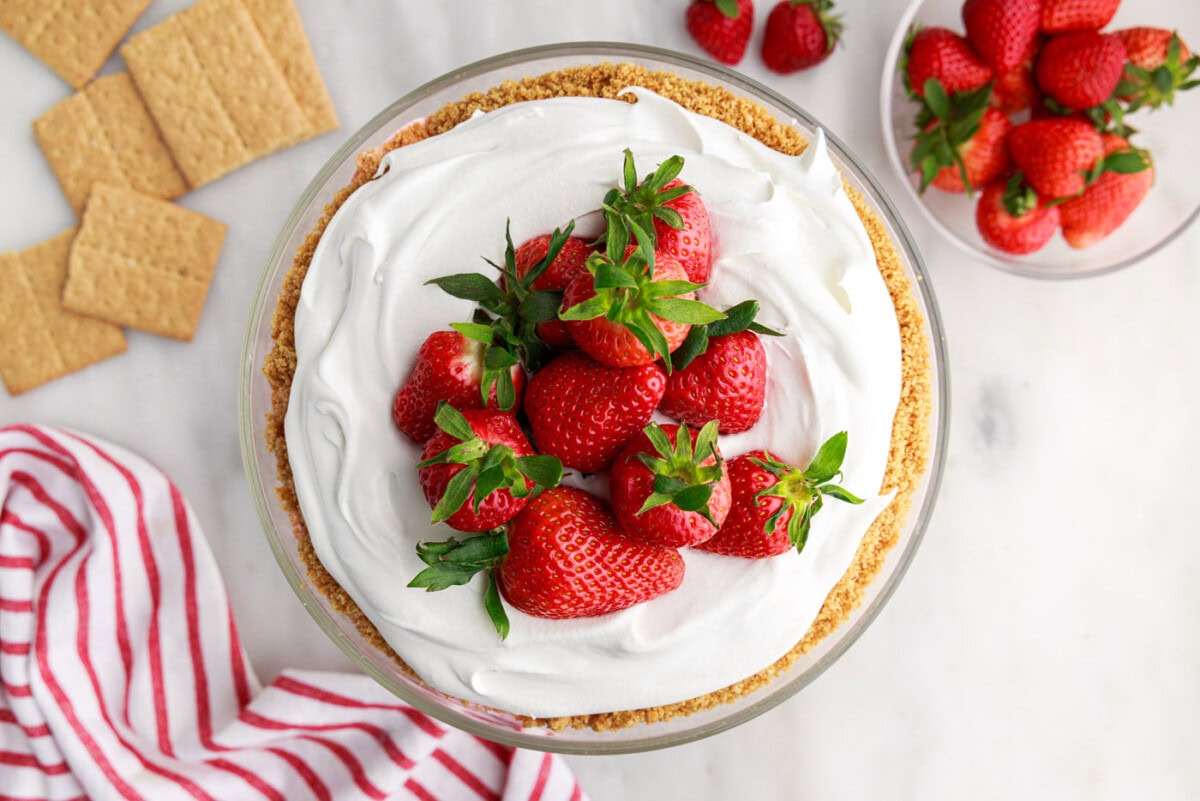 overhead shot of strawberry lasagna trifle