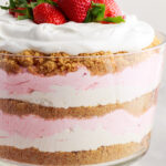 Strawberry Lasagna Trifle with fresh strawberries on top