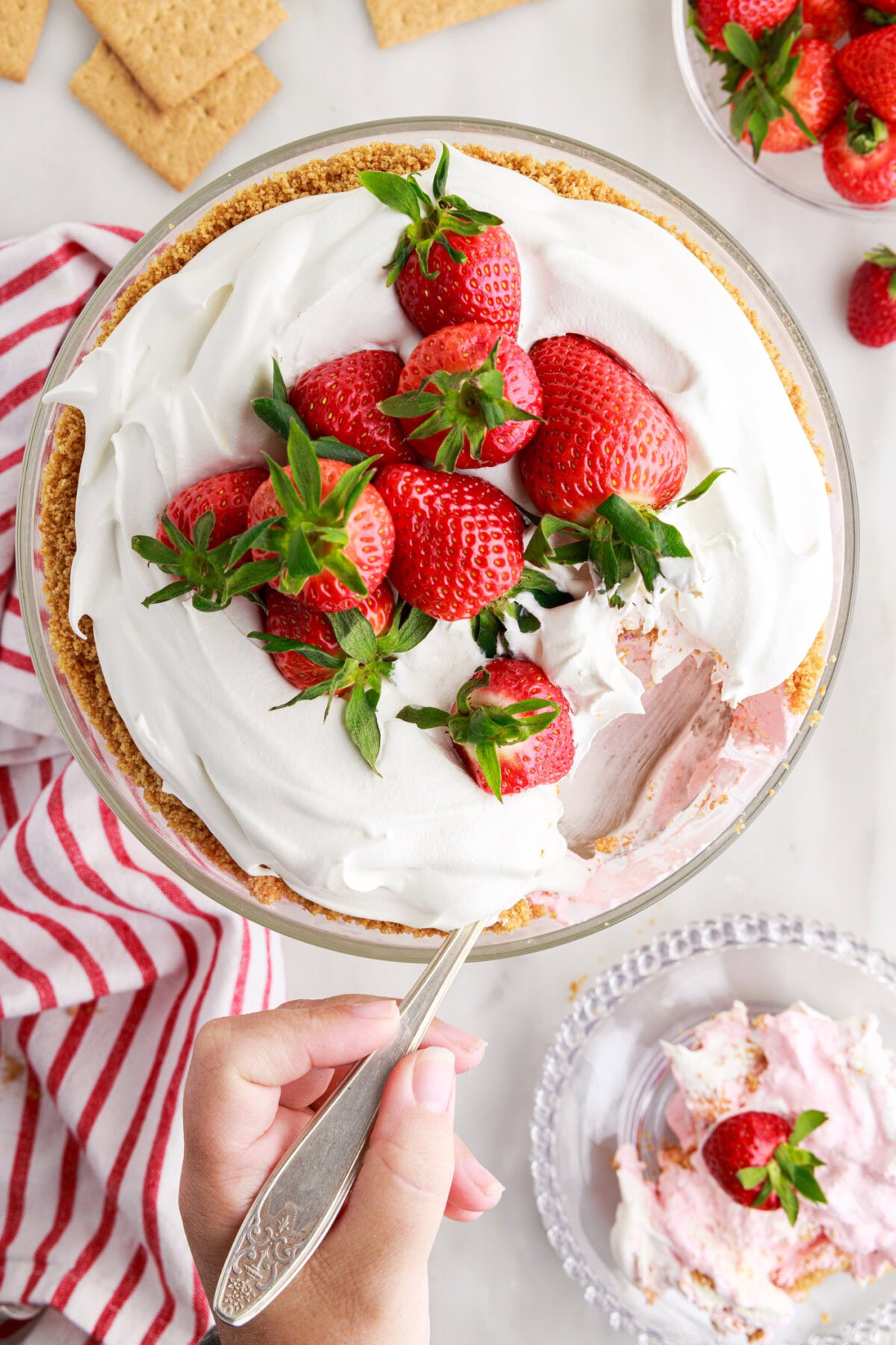 over head view of trifle with a spoonful removed