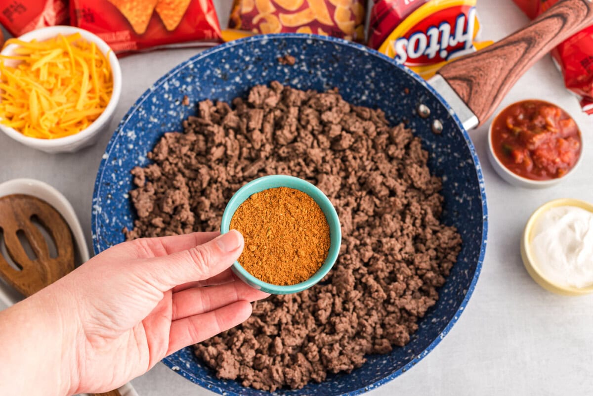 ground beef and taco seasoning in a skillet