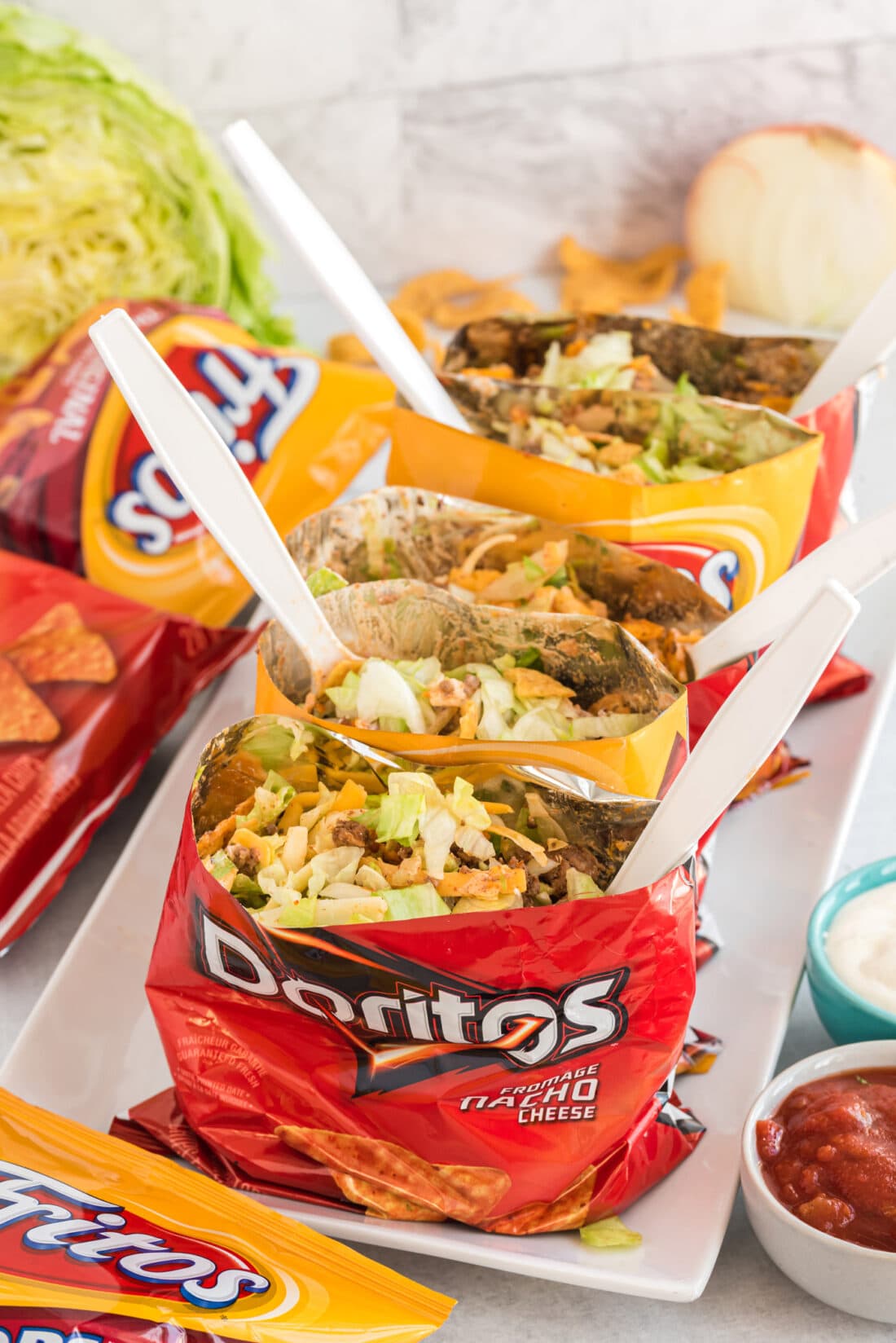 shot of Walking Tacos in doritos and fritos bags