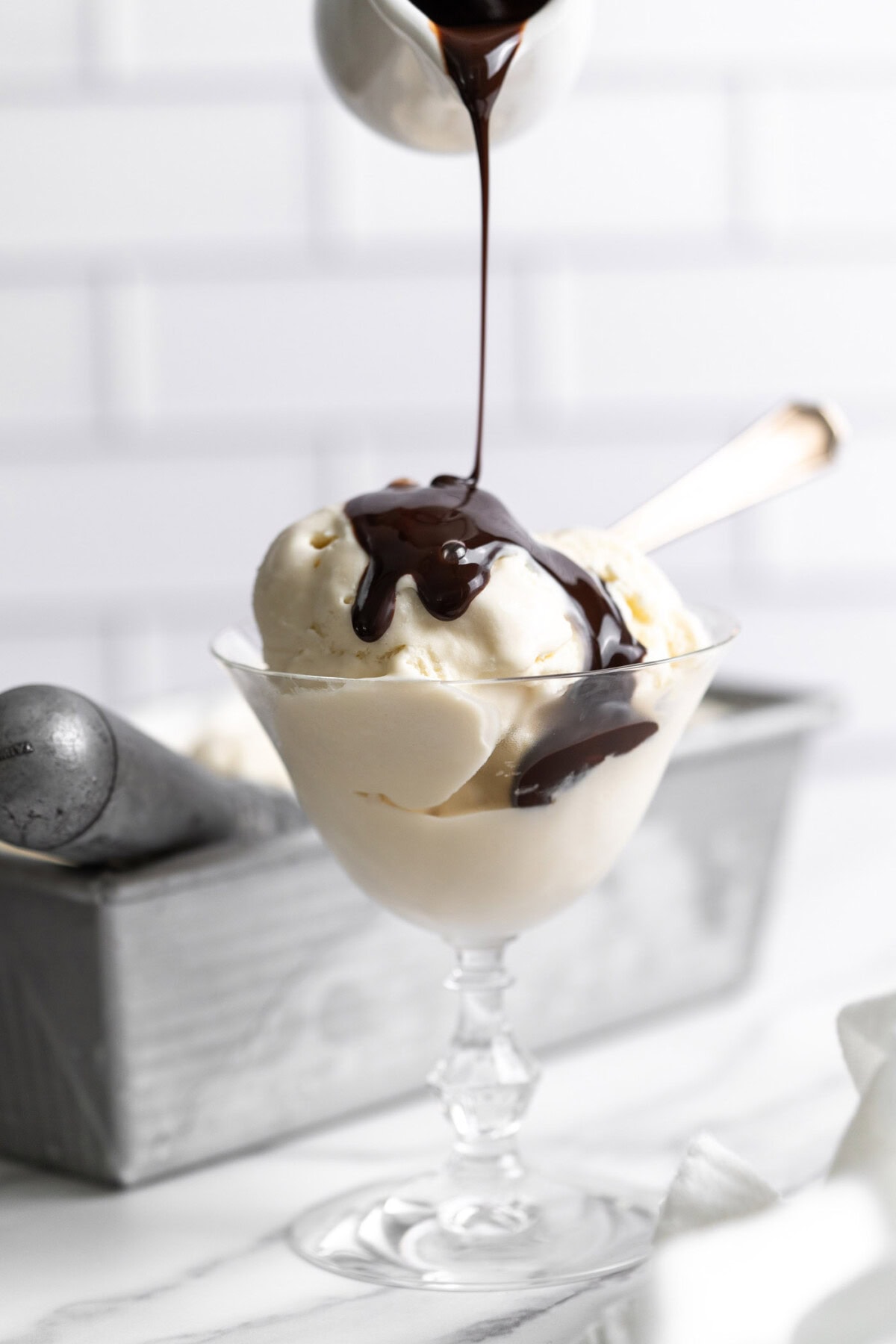 vanilla ice cream with chocolate syrup