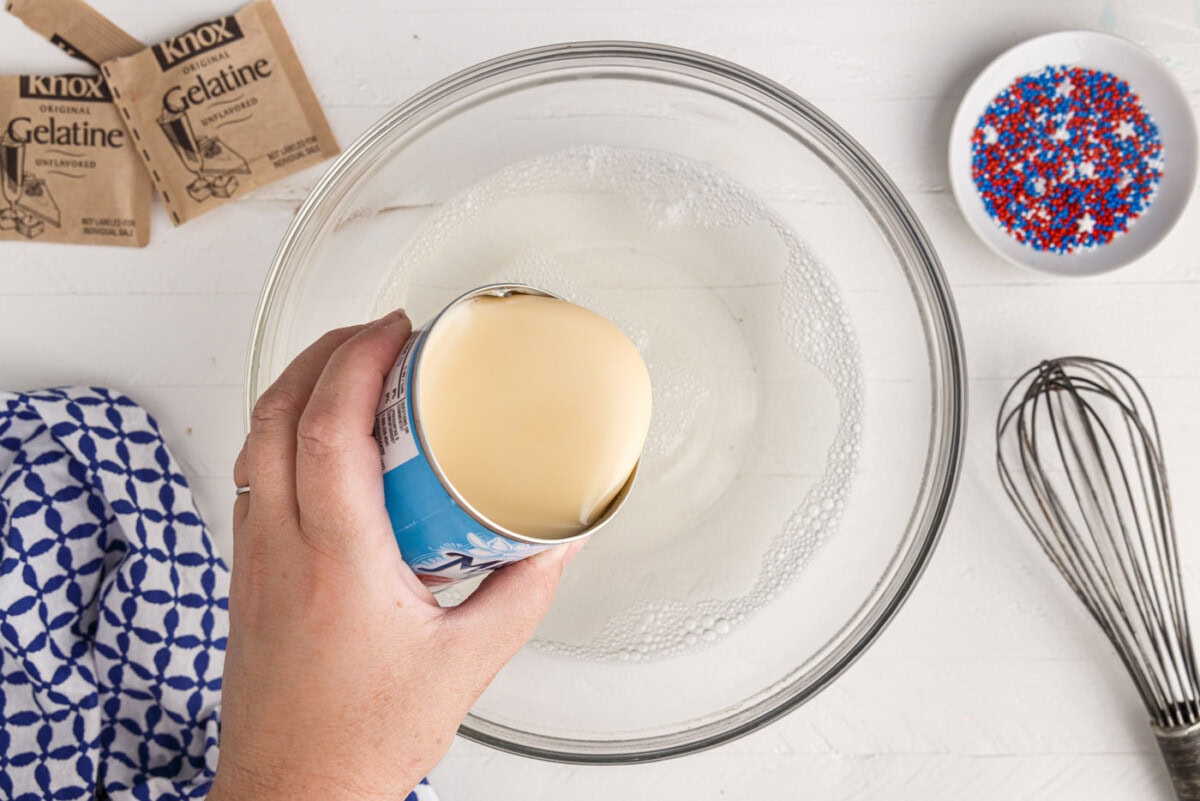 adding sweetened condensed milk to gelatin