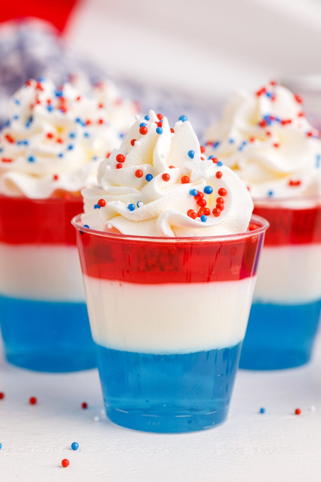 4th of July Jello Shots ith whipped cream