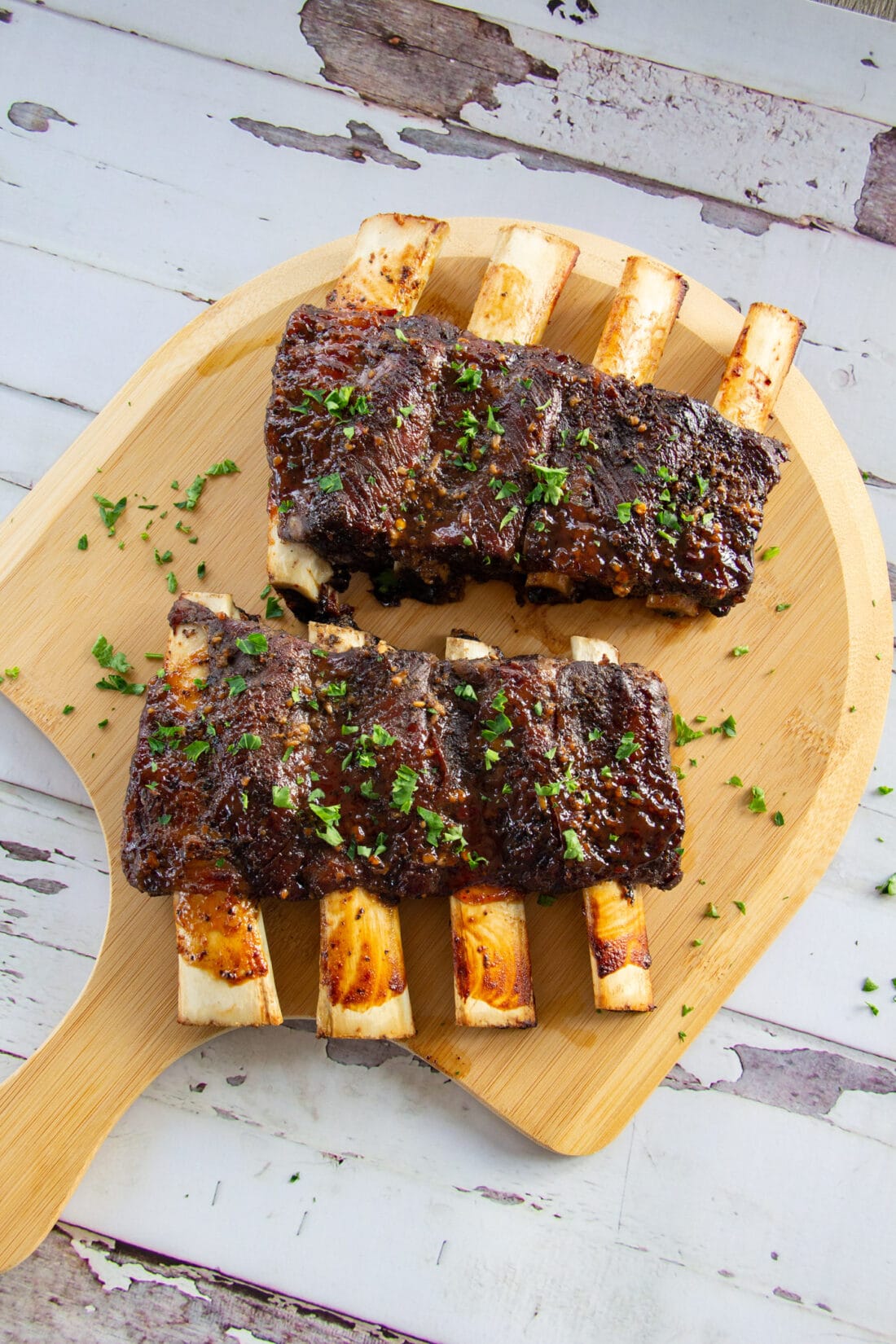 Beef Ribs made in the oven on a wood baord