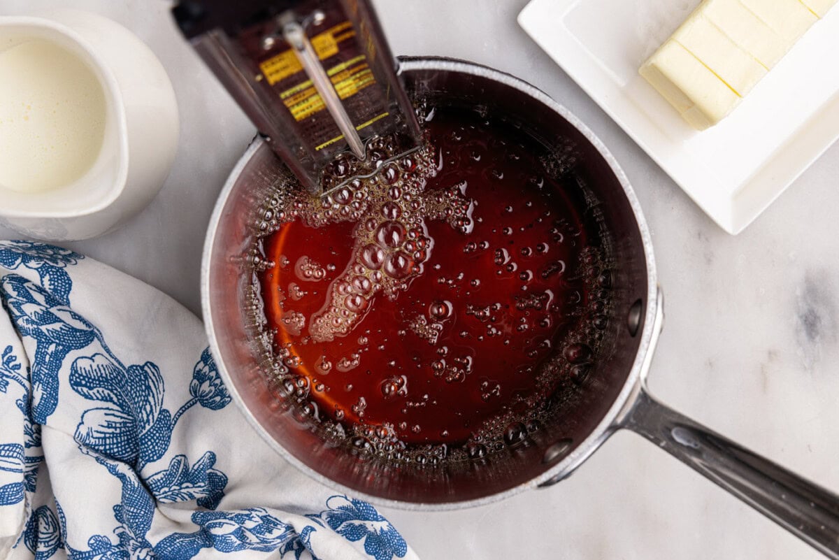 amber colored caramel sauce simmering