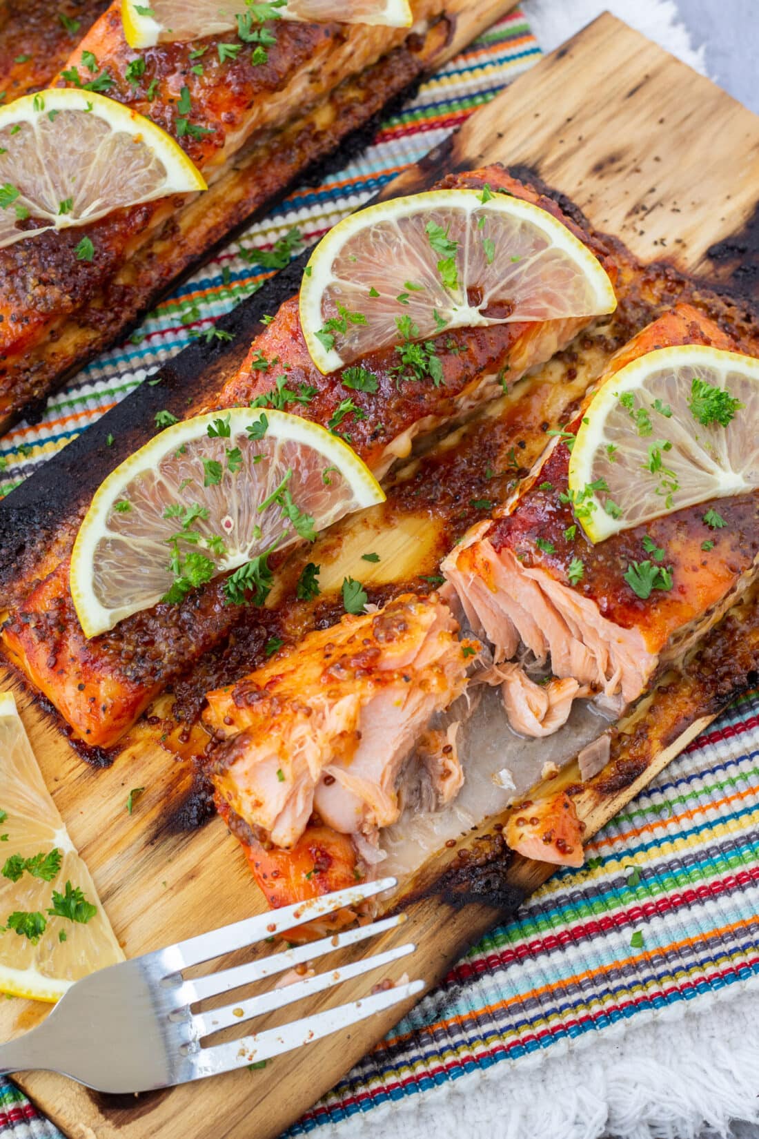 Cedar Plank Salmon with a fork