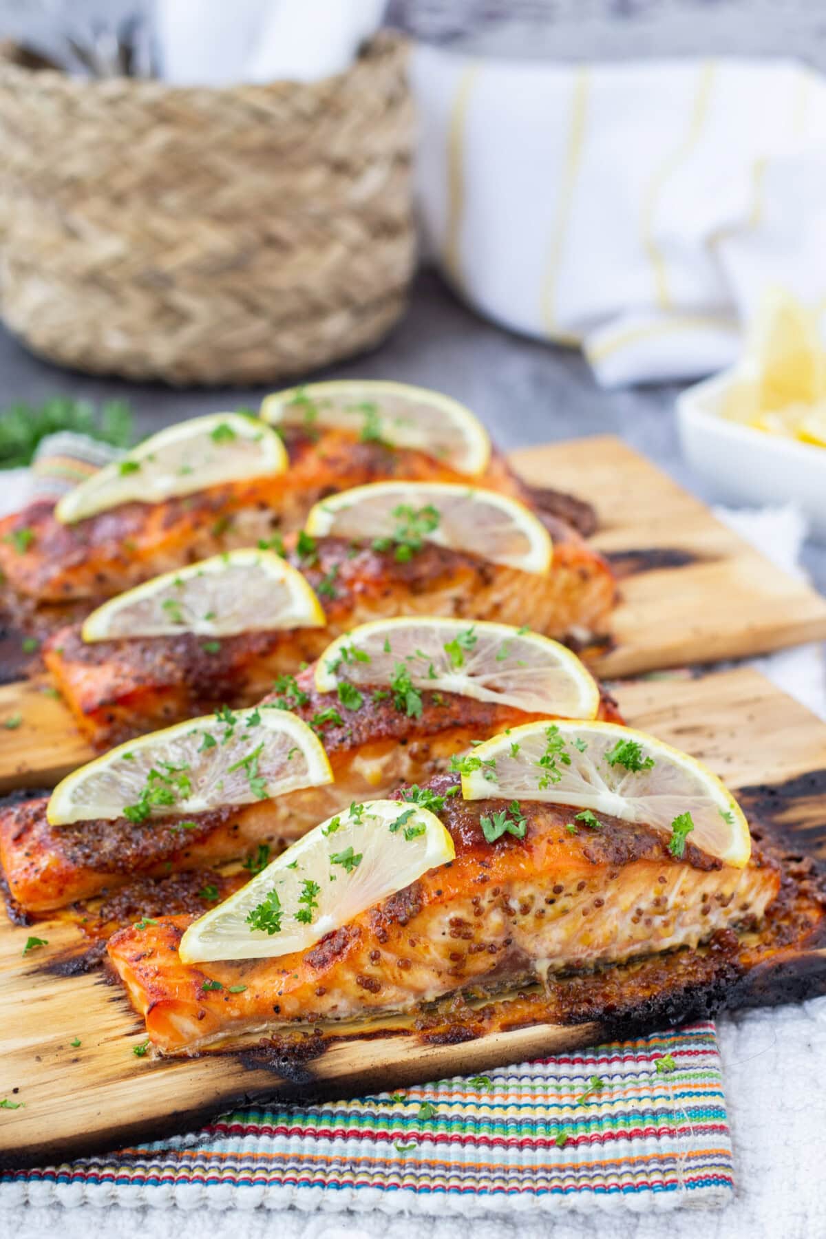 Cedar Plank Salmon garnished with lemon