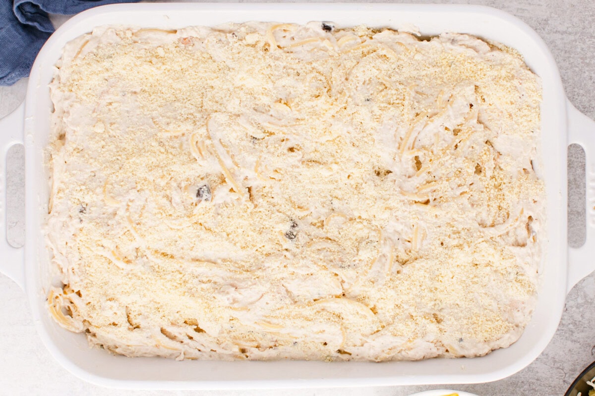 chicken tetrazzini in a casserole dish