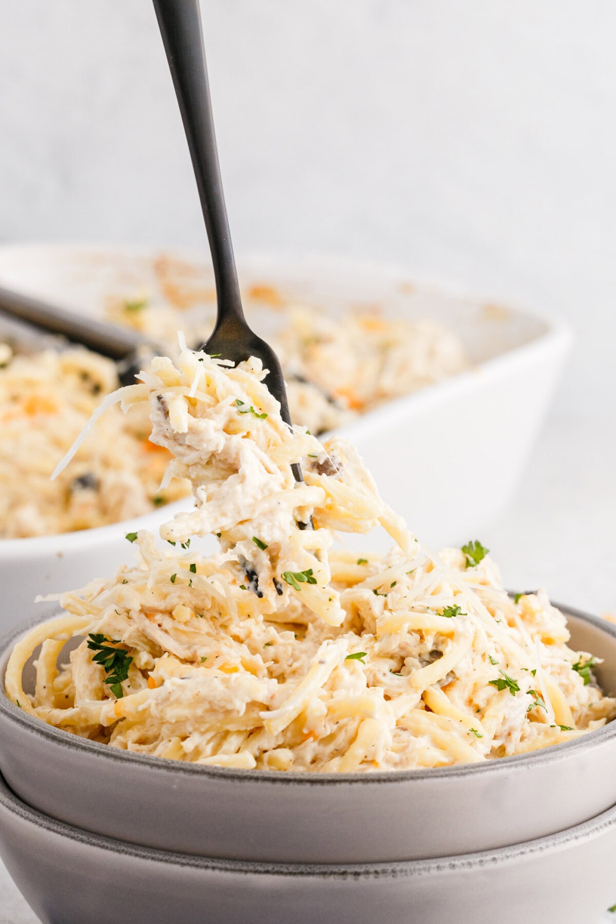 fork lifting Chicken Tetrazzini
