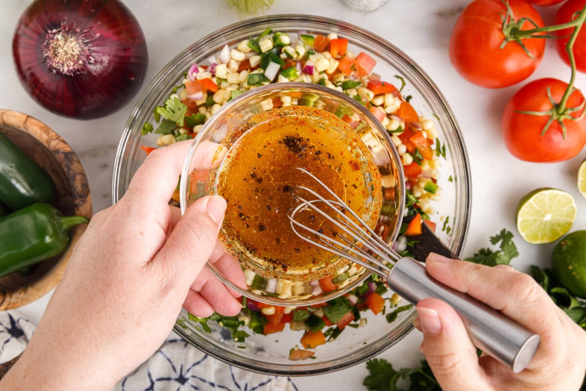 chili seasoning dressing over corn salsa