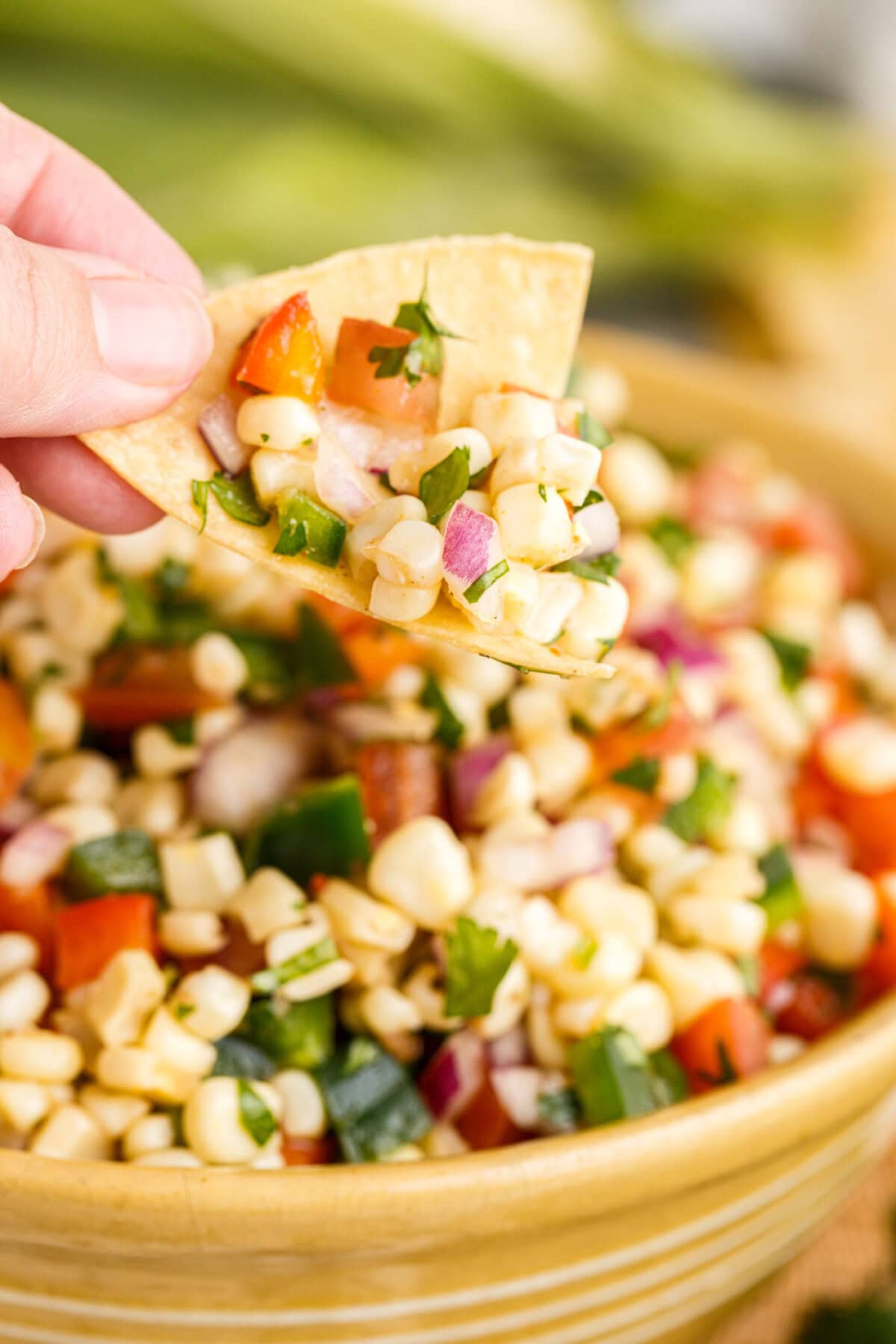 Corn Salsa on a chip