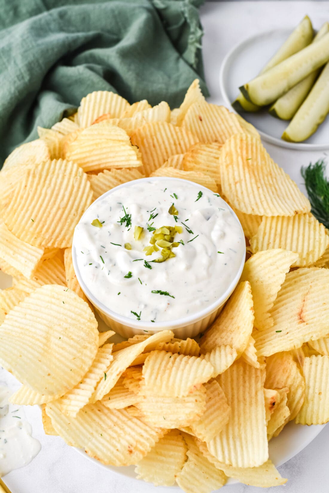 Dill Pickle Dip with potato chips