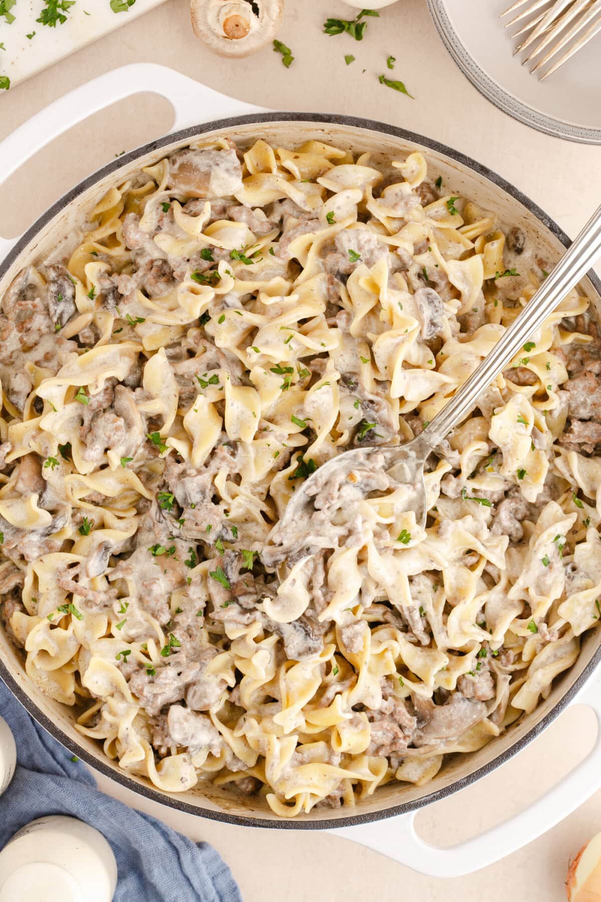 overhead photo of Ground Beef Stroganoff in pan