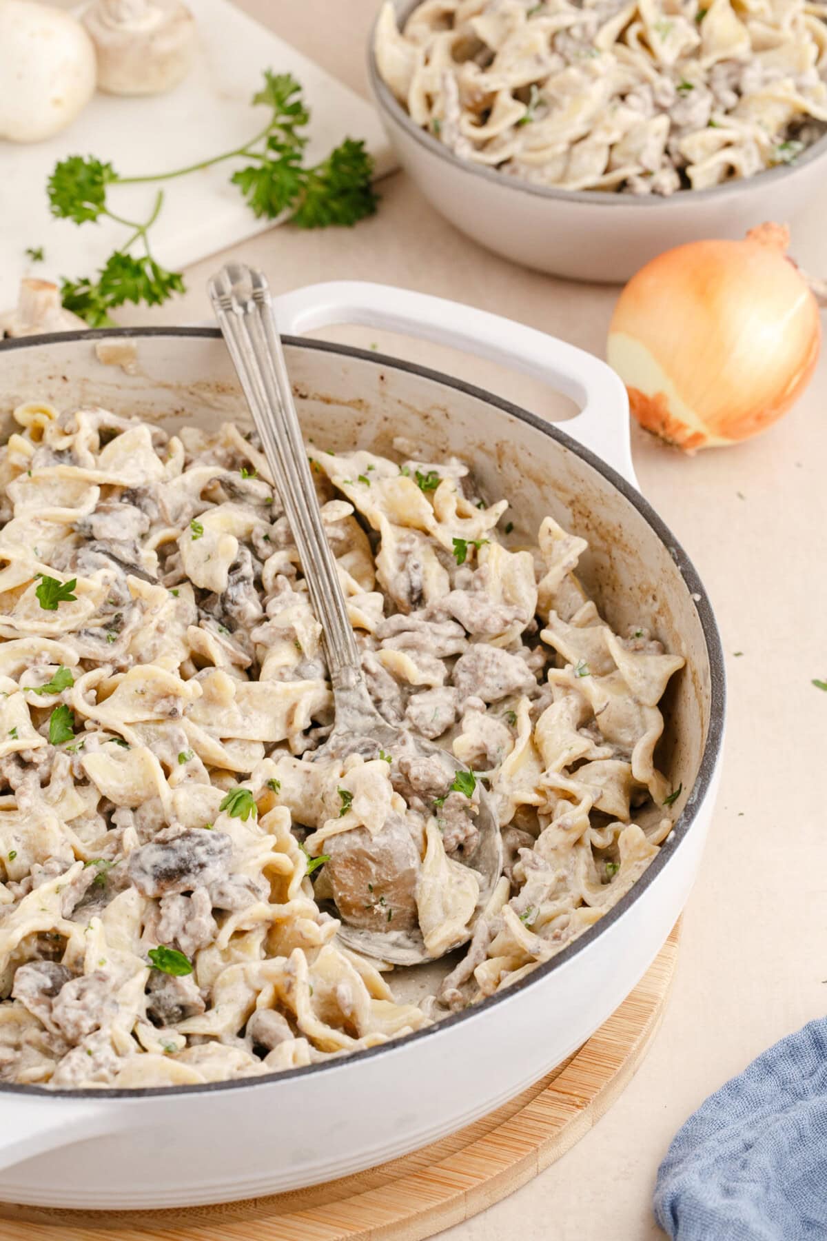 Ground Beef Stroganoff in pan with spoon