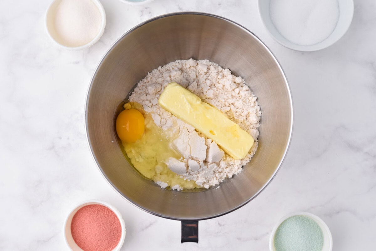 sugar cookie ingredients in a mixing bowl