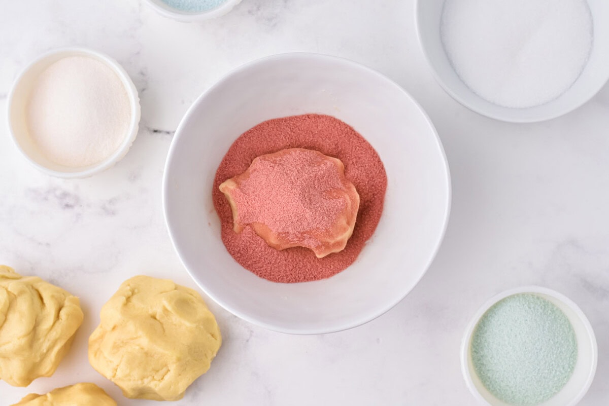 sugar cookie dough in red jello powder